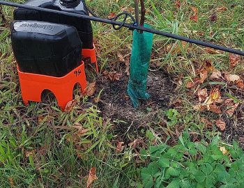 Garden irrigation pump on an orange stand connected to a green-wrapped pipe, sitting in a grassy area with fallen leaves.